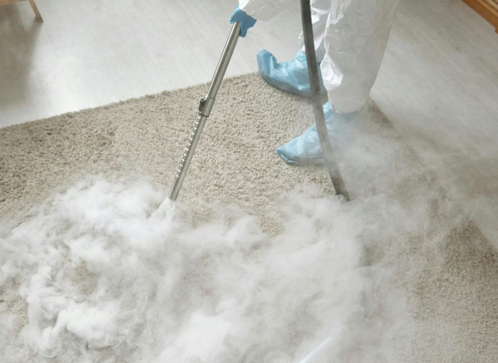 A person in white clothing operates a steam cleaner on a carpet, showcasing a Jacksonville, FL cleaning service.